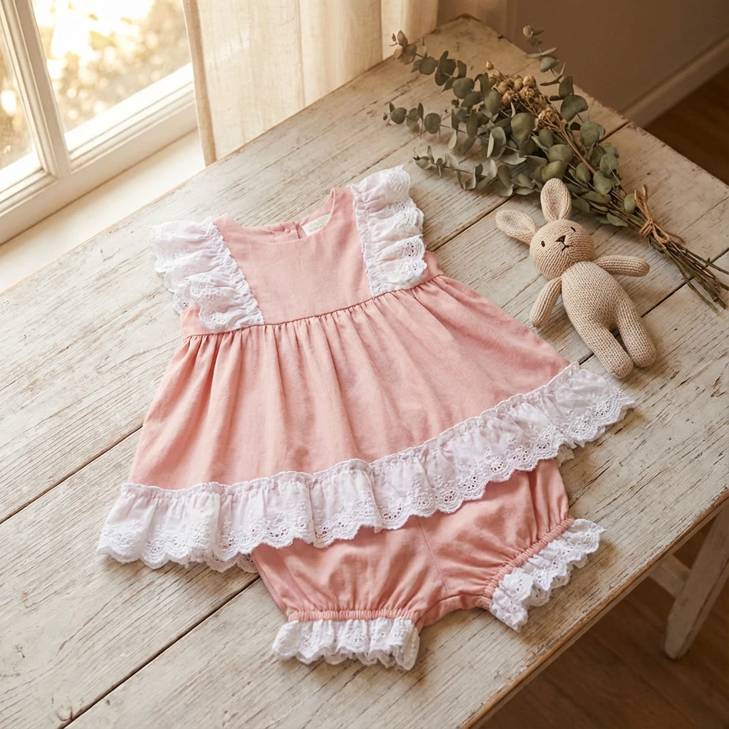 Ruffled lace trim on baby dress hemline and bloomers showing soft feminine detail