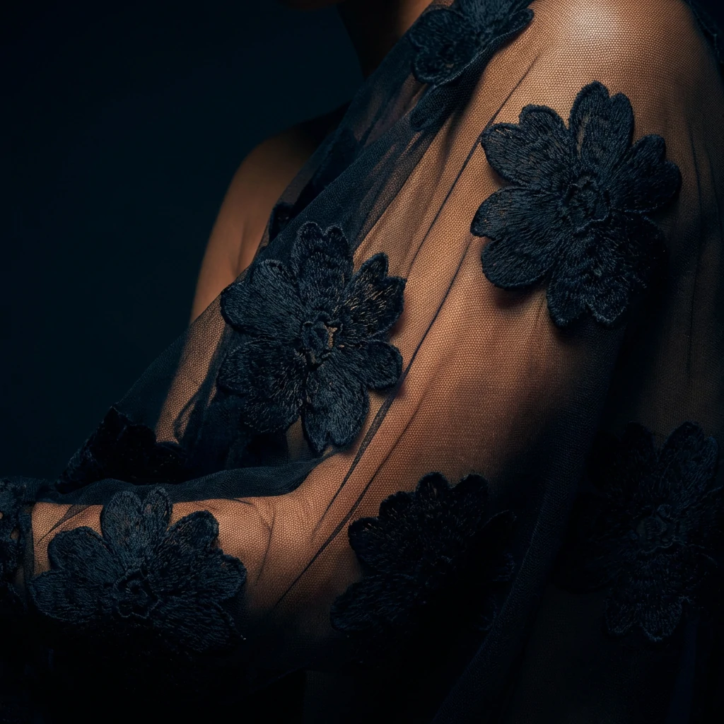 Sheer black lace fabric detail representing Florence Pugh bold red carpet aesthetic