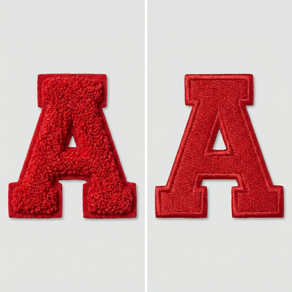 Side-by-side comparison of chenille applique with raised fuzzy texture versus flat embroidered patch