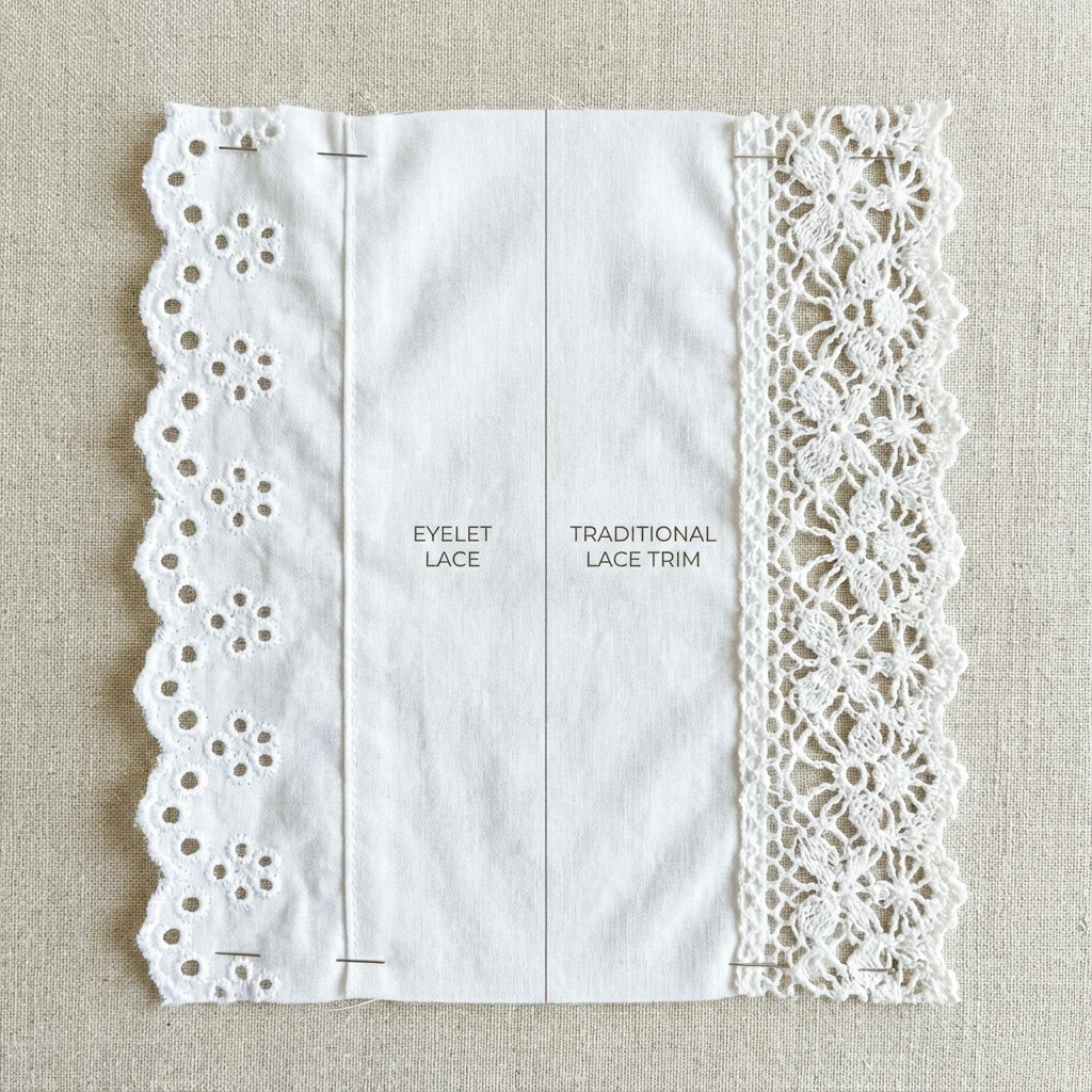 Side-by-side comparison of eyelet lace with embroidered holes versus traditional open-weave lace