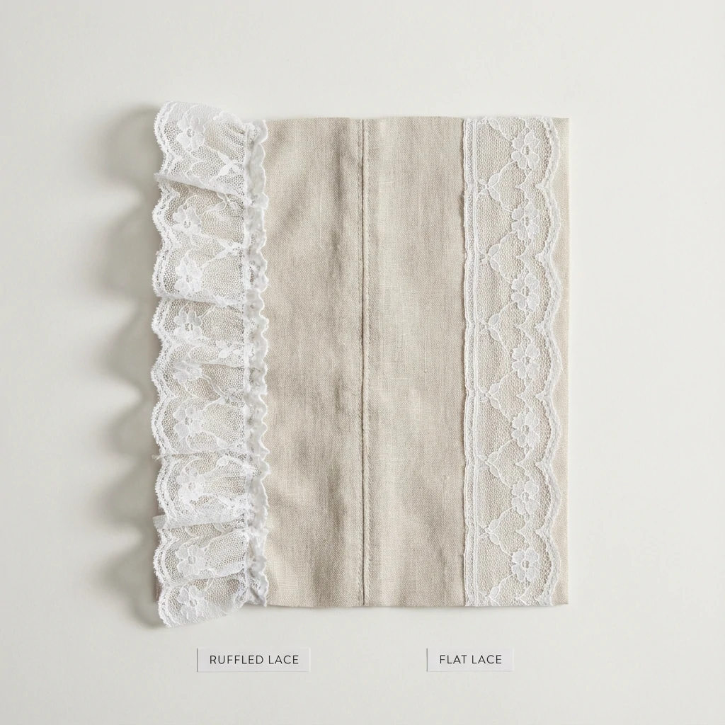 Side-by-side comparison of ruffled lace and flat lace trim showing dimensional difference