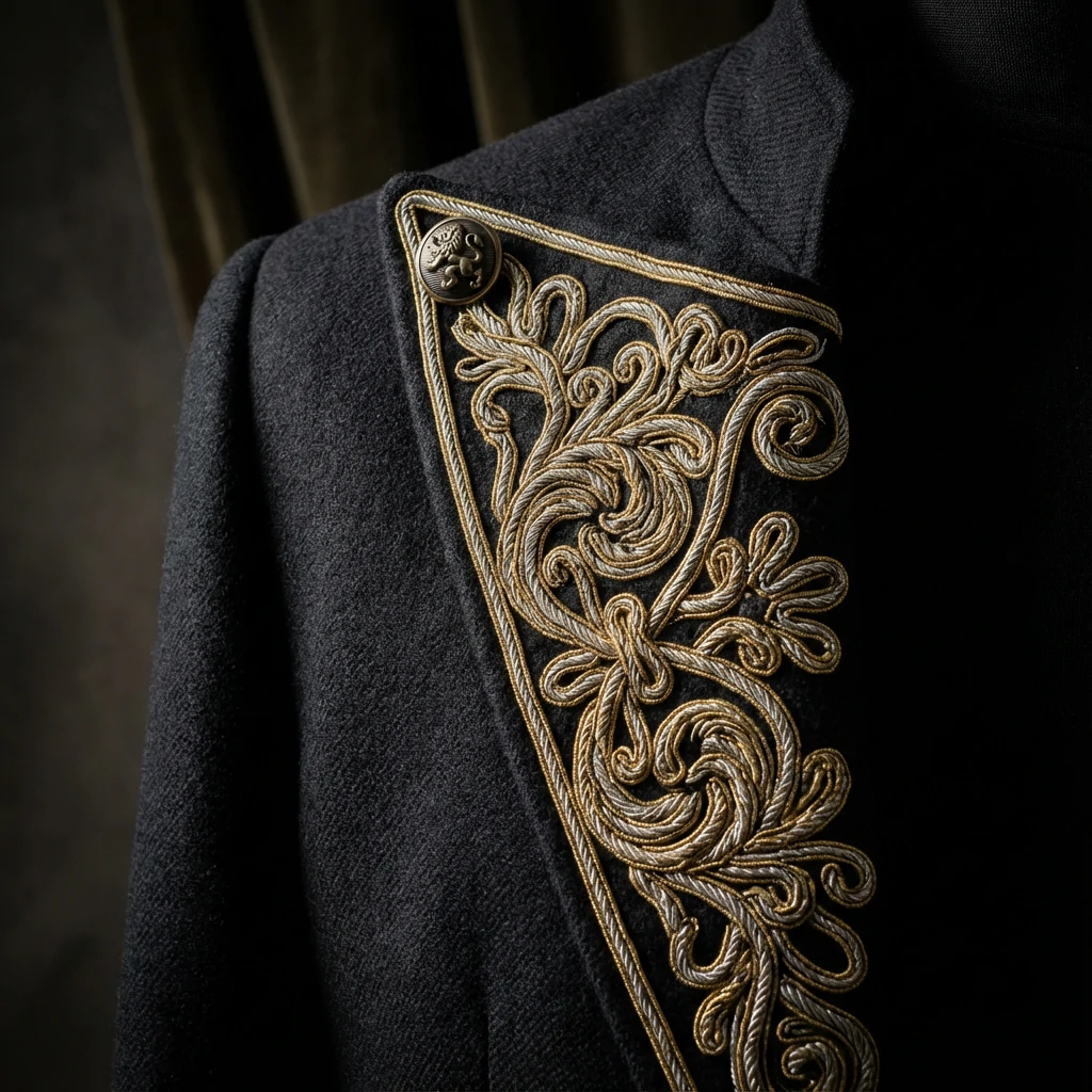 Soutache embroidery detail on black formal jacket lapel showing ornate scrollwork pattern