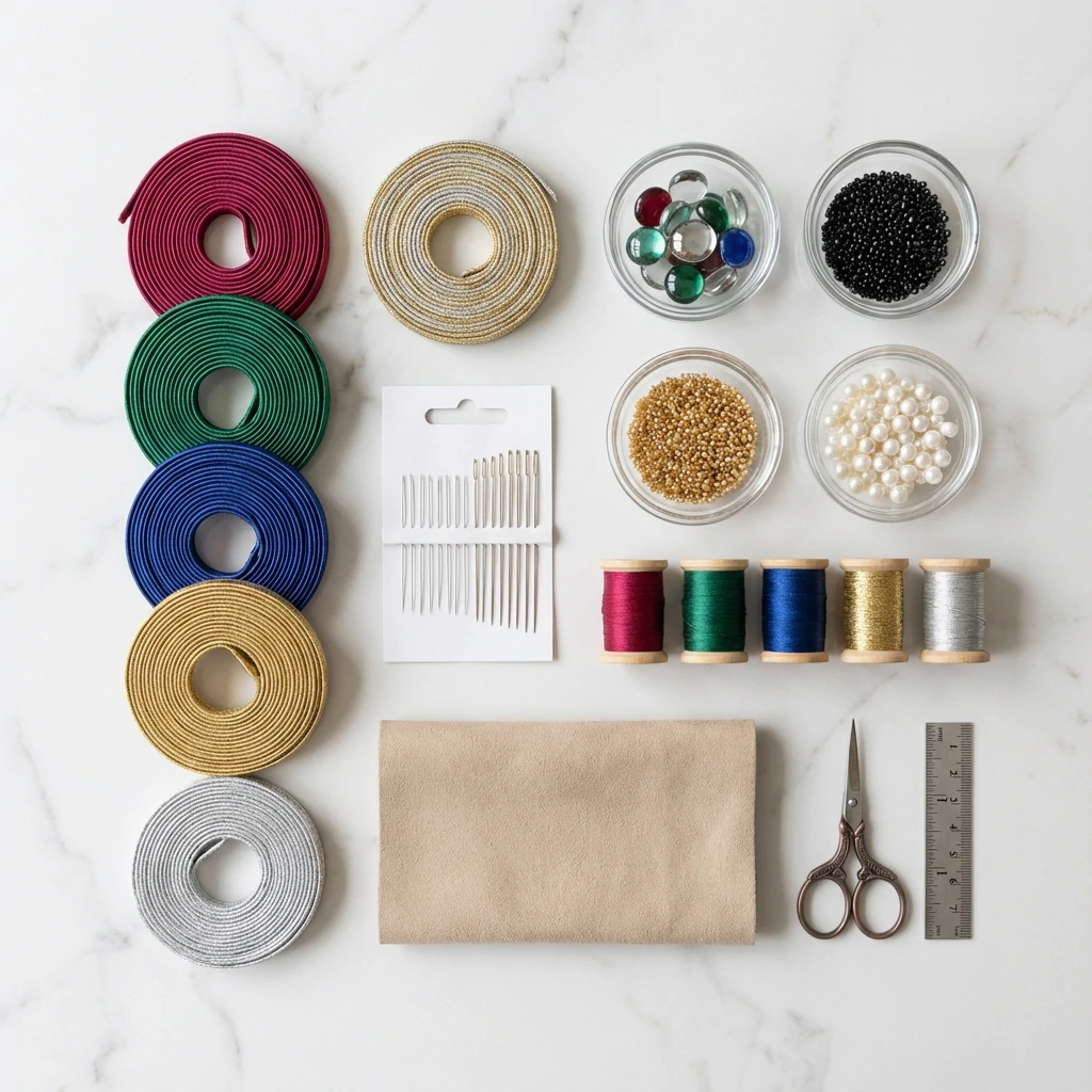 Soutache jewelry making supplies including braids, beads, cabochons, needles, thread and backing material