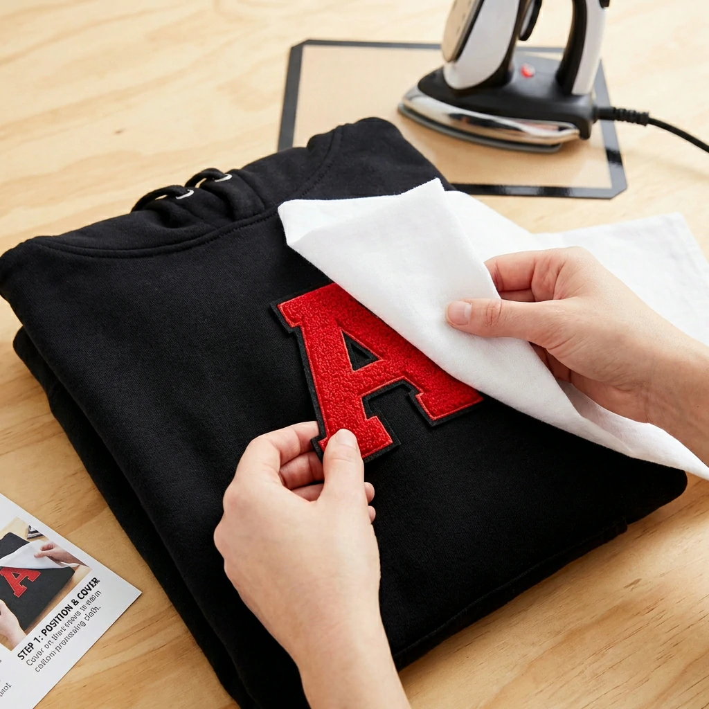 Step 1 Positioning chenille applique on garment and covering with pressing cloth before ironing