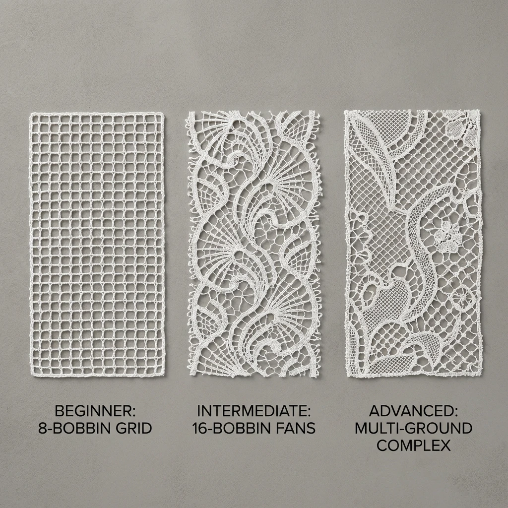 Three bobbin lace patterns showing beginner intermediate and advanced complexity levels
