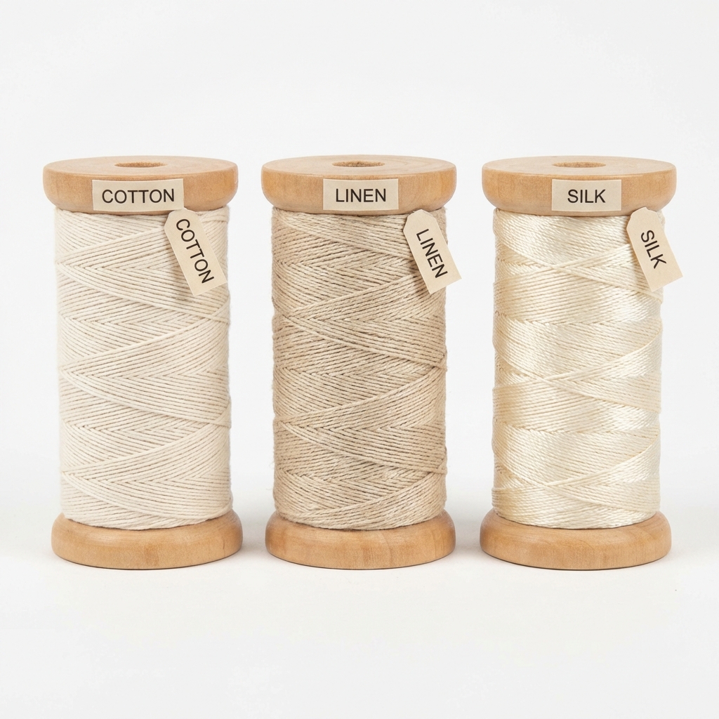 Three spools of lace thread side by side - cotton, linen, silk - labeled, color differences visible, product comparison photography, clean