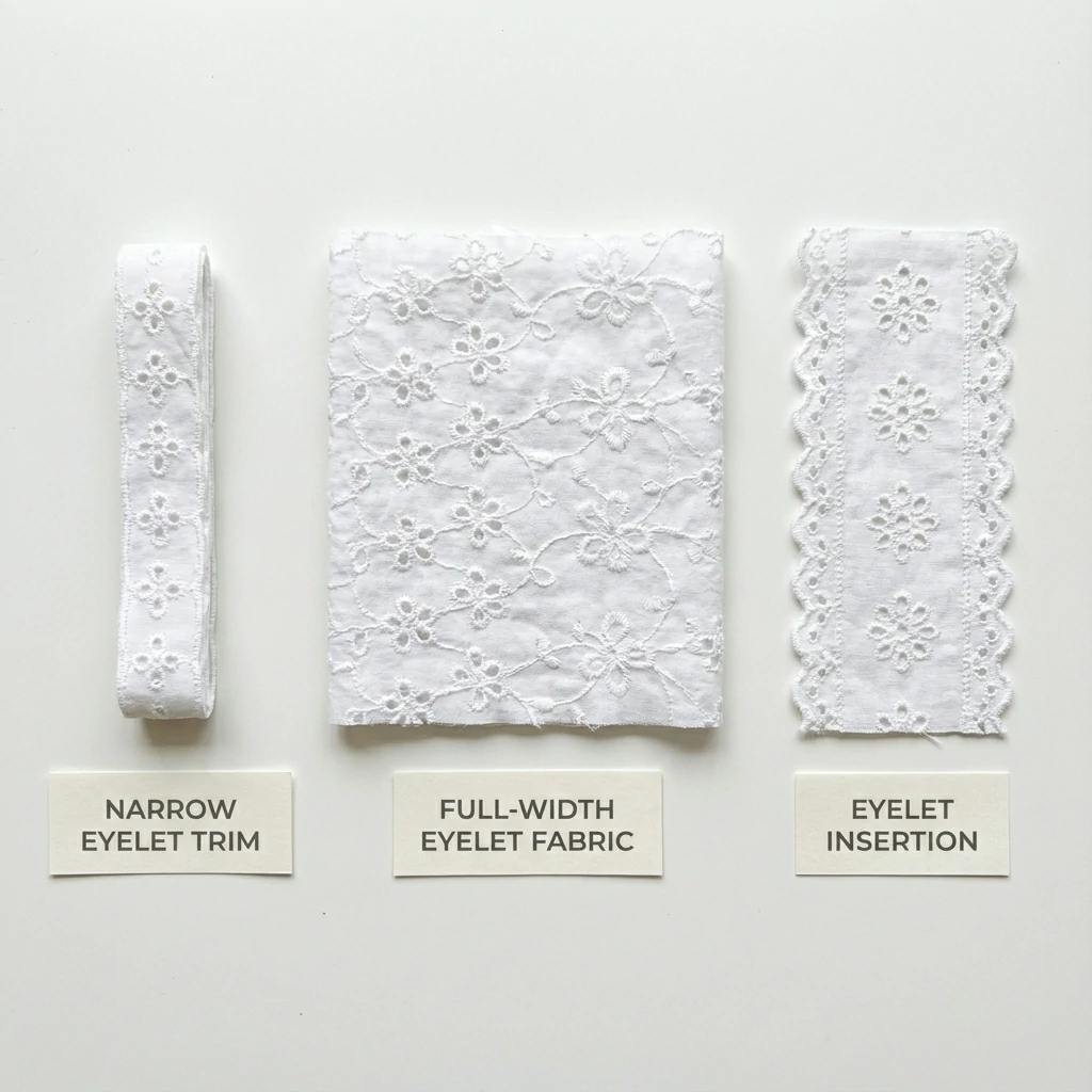 Three types of eyelet lace comparison narrow trim, full-width fabric, and insertion lace