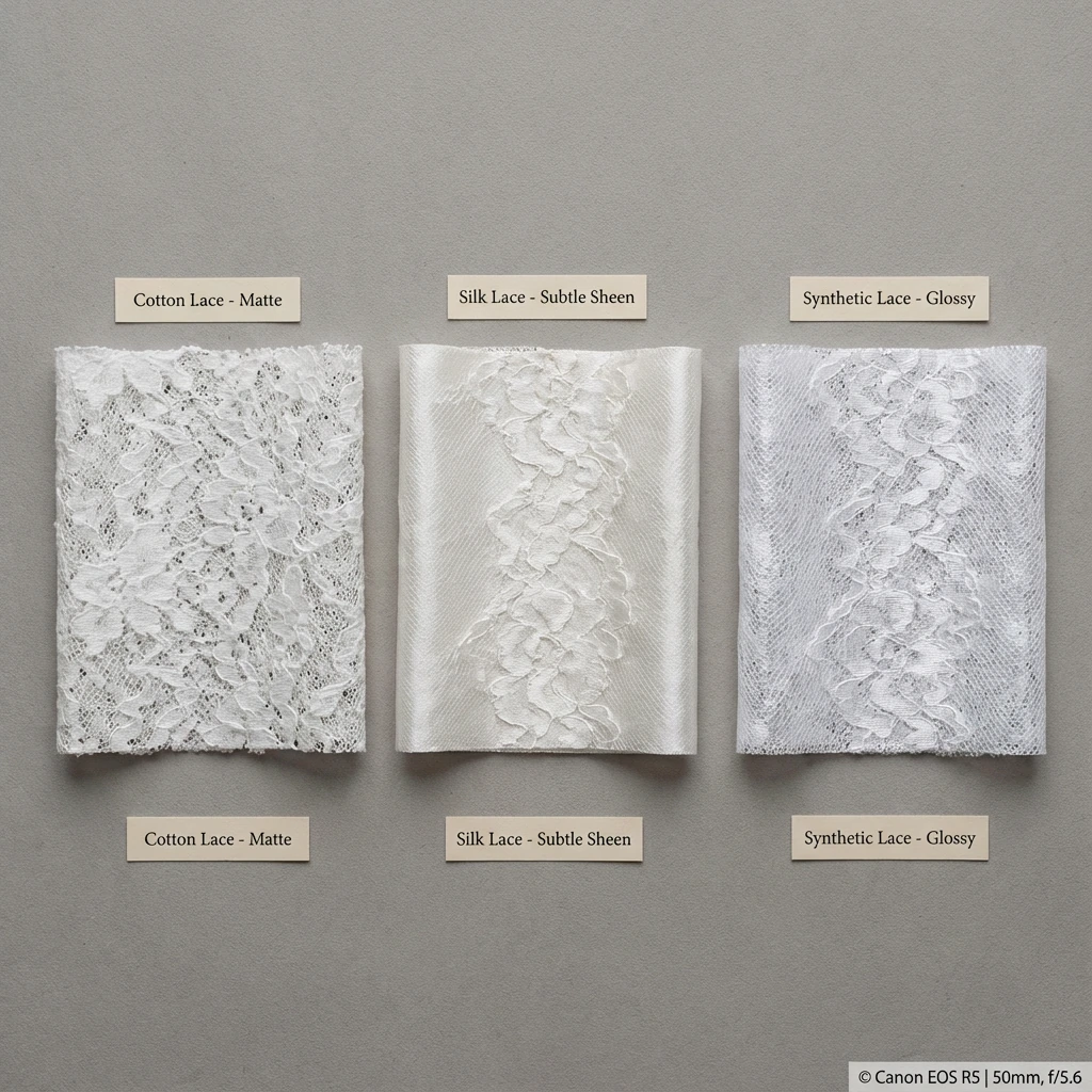 Three types of lace samples showing cotton silk and synthetic fiber differences