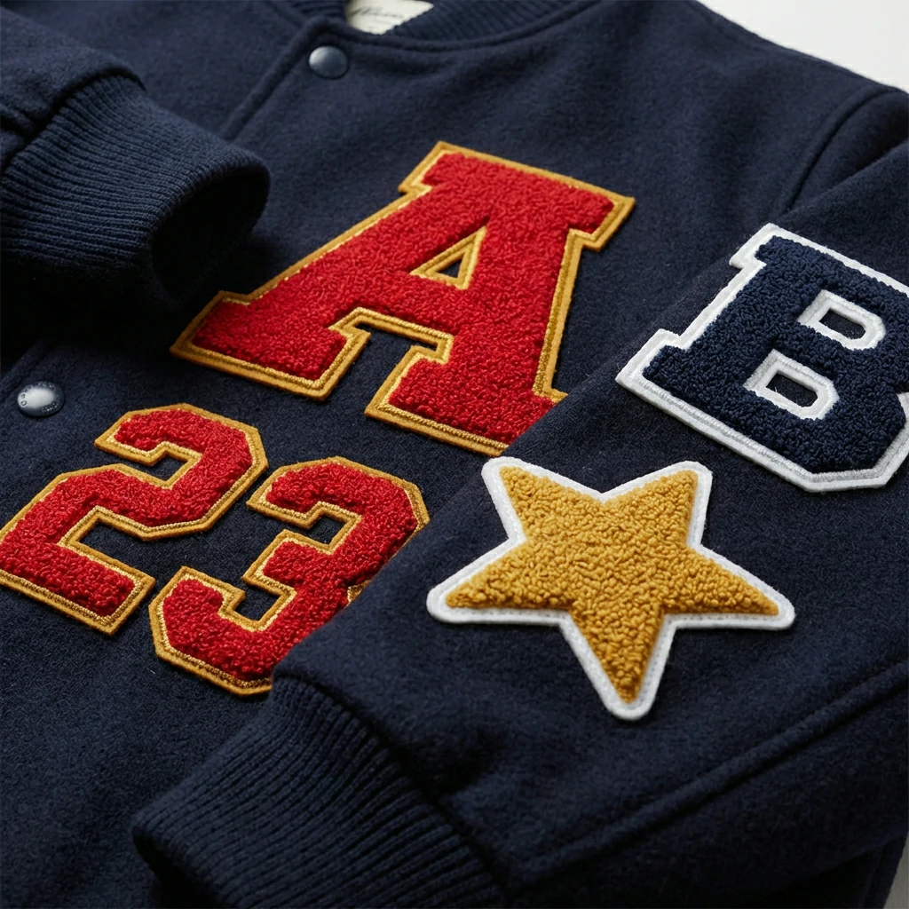 Various chenille applique patches including letters, numbers and custom shapes showing fuzzy textured surface