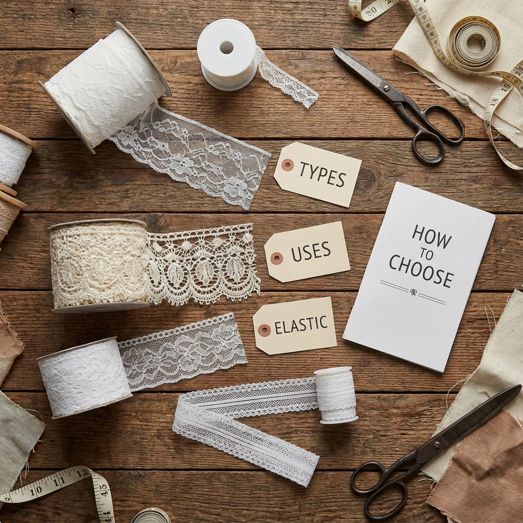 Various lace ribbon rolls in white, ivory and cream showing different widths and patterns