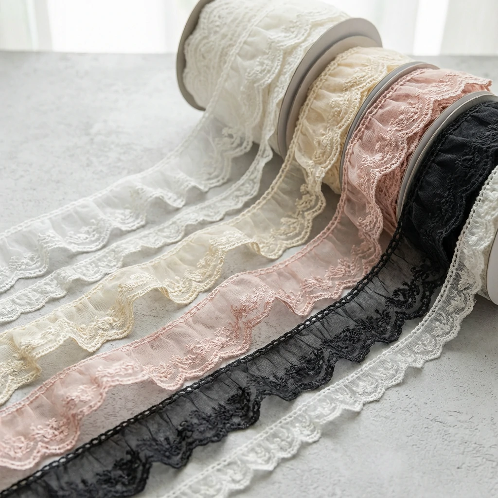 Various ruffled lace trims in white, ivory and pink showing different widths and gather densities