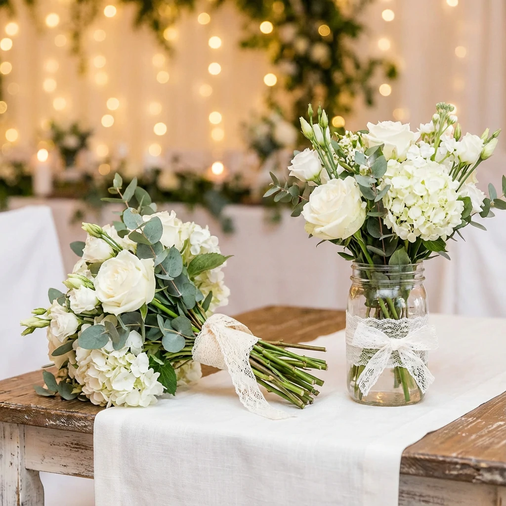 Wedding bouquet wrapped with ivory lace ribbon and mason jar decorated with lace ribbon for reception decor