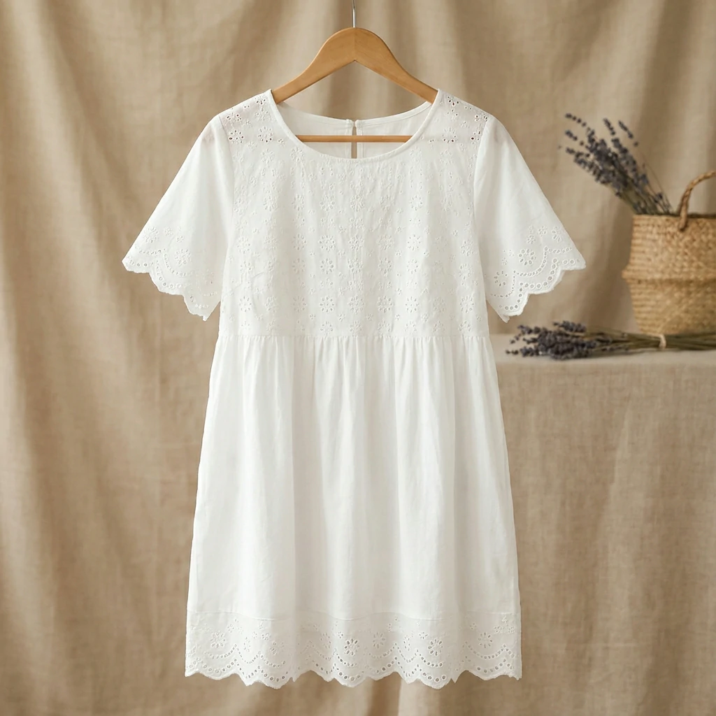 White summer dress with eyelet lace trim on hem and sleeves showing classic feminine style