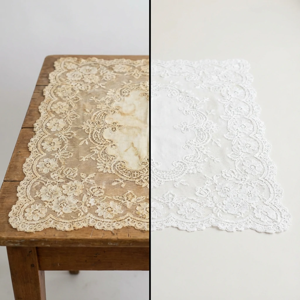 Yellowed vintage lace tablecloth before and after whitening treatment comparison