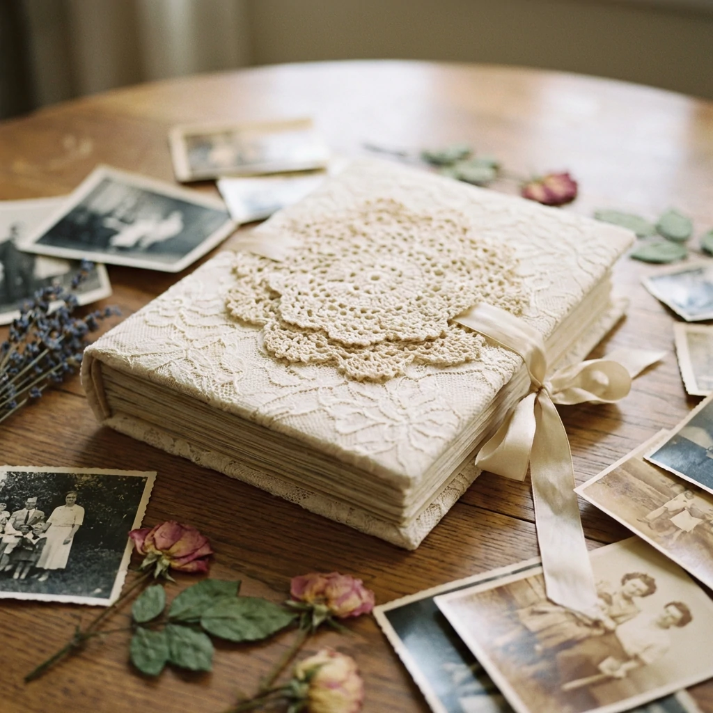 DIY lace-covered photo album with vintage doily accents
