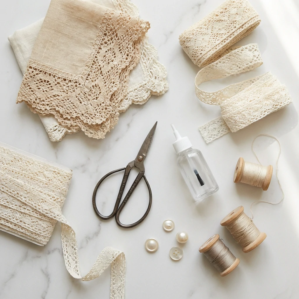 Lace craft supplies including vintage doilies, trim rolls, and scissors on marble surface