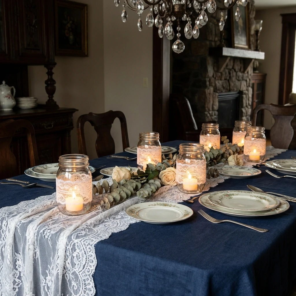 Lace table runner and mason jar candle holders for home décor