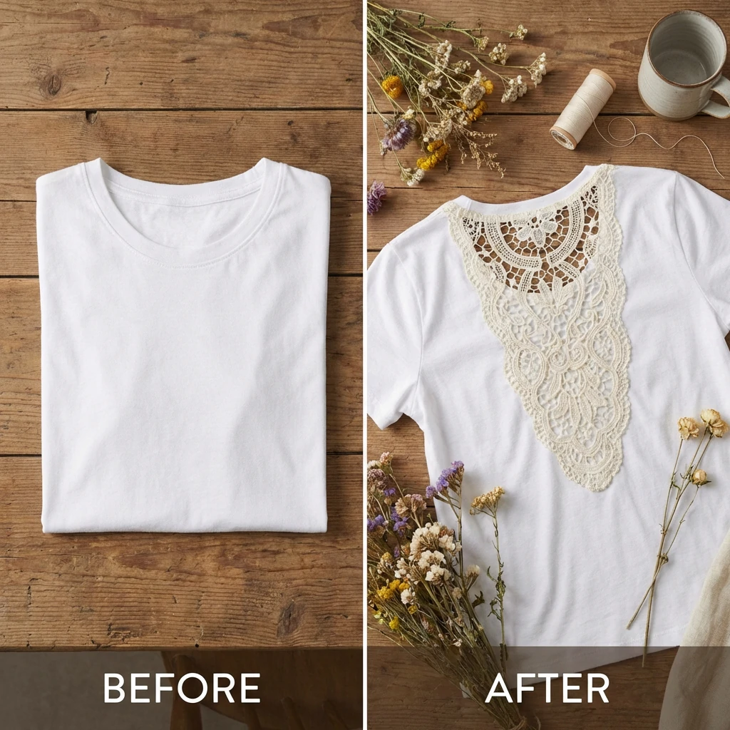 White t-shirt with lace back panel insert DIY transformation