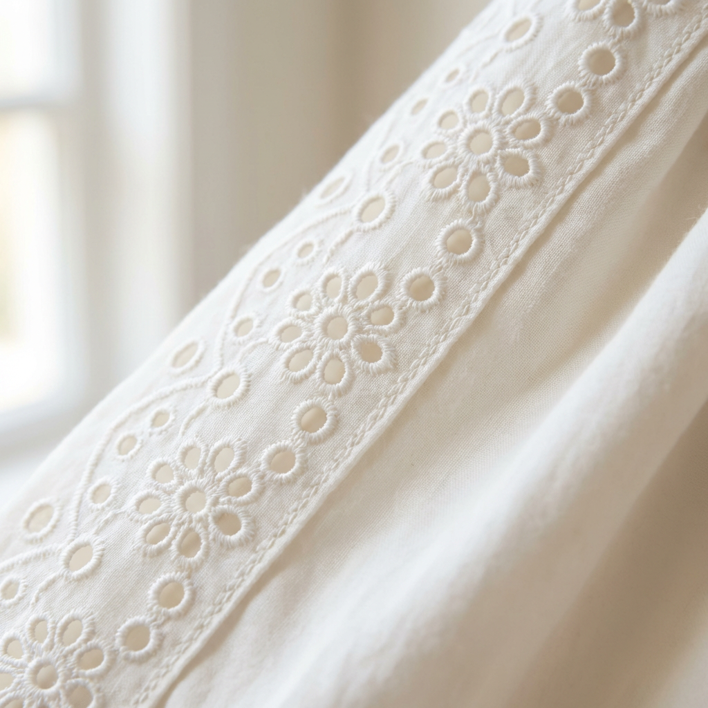 white embroidered eyelet lace trim sewn onto the edge of a cream-colored fabric garment.