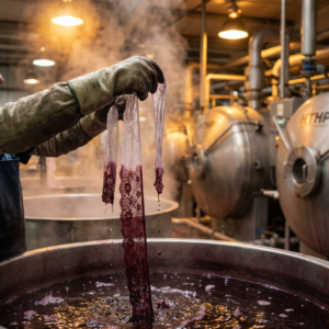 Factory worker lifting dyed lace trim from an industrial dye bath, showing vibrant color transformation
