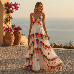 Colorful fringe lace trim maxi dress on model