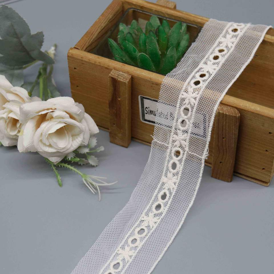Poly-Cotton Embroidered Mesh Lace Trim with Geometric Eyelet