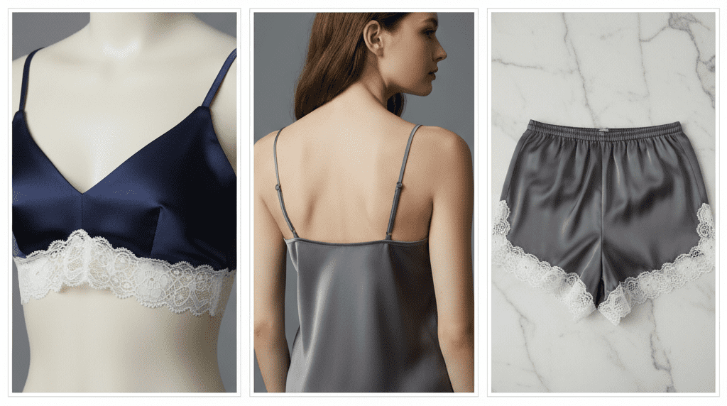 A lookbook triptych showing a 2.5cm floral stretch lace trim used as an underbust band on a bralette, a strap on a top, and a hem accent.