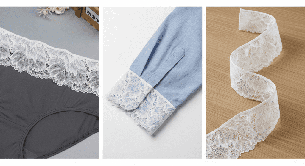 A lookbook triptych showing a 7cm wide elastic lace trim used as a modern lingerie waistband and a shirt cuff detail.