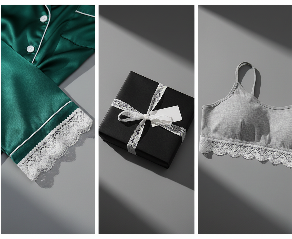 A triptych collage showing a 2.5cm wavy stretch lace trim used on a silk pajama set, as a decorative ribbon on a gift box, and on a bralette.