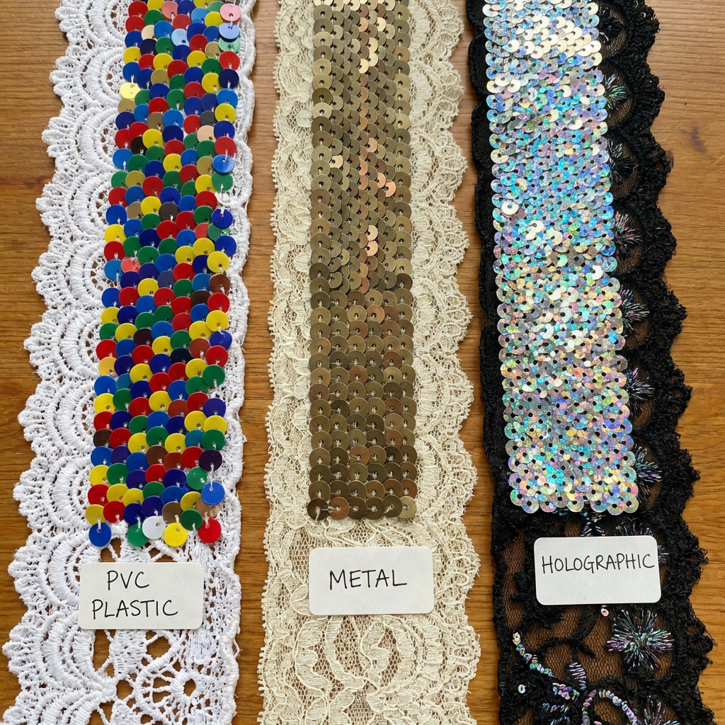 Three lace trims adorned with different sequin finishes: colorful PVC plastic, antique gold metal, and holographic iridescent