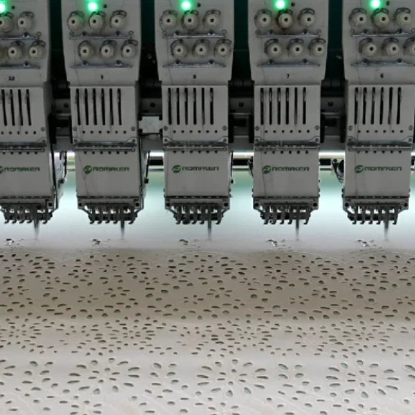 Interior view of a water-soluble lace factory showcasing modern machinery and skilled workers producing premium cotton lace trims in bulk.